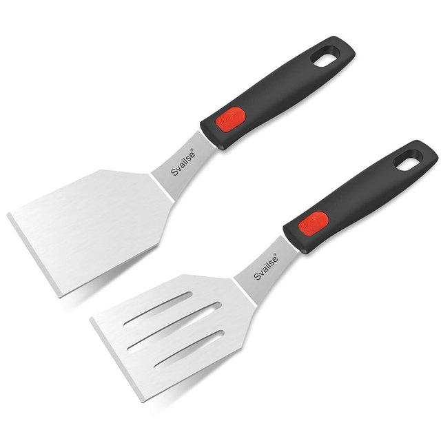 Svailse 2Pcs Stainless Steel Spatula Set, Metal Turners for Kitchen Use, Metal Cooking Utensils for Cast Iron Skillet with Silicone Handle, Spatula Flipper for Frying Egg, Brownie, Cookies or Pancake