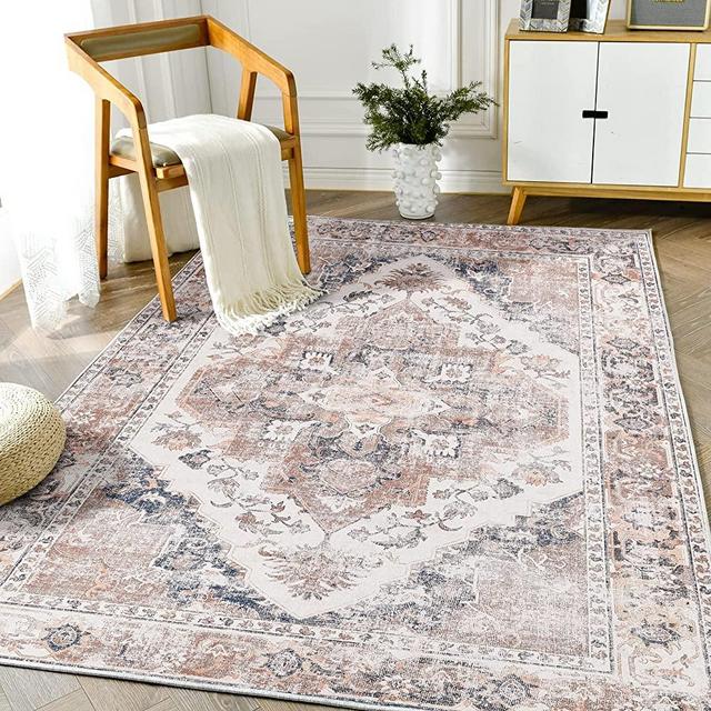 jinchan Area Rug 8x10 Persian Rug Vintage Foldable Thin Rug Chenille Light Red Floral Print Accent Rug Retro Indoor Door Mat Non Slip Carpet Kitchen Living Room Bedroom Dining Room