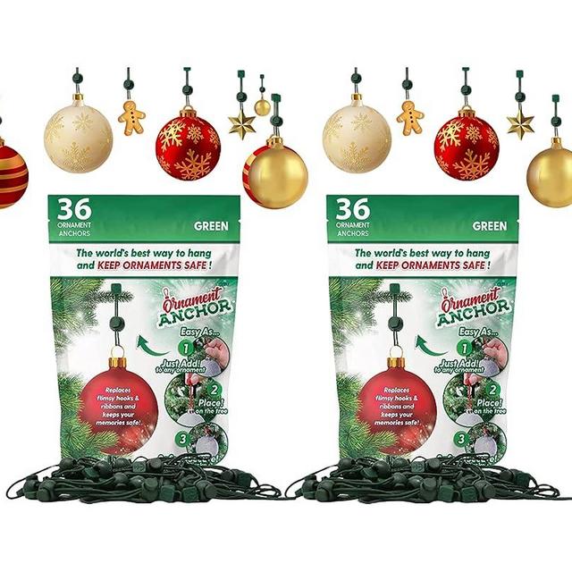 ORNAMENT ANCHOR Ornament Hooks for Hanging Christmas Decorations - No-Slip Hanging Hooks for Xmas - Heavy Duty Christmas Tree Ornaments Hanger Hooks for Small & Large Ornaments (Green,36 Count 2 Pack)