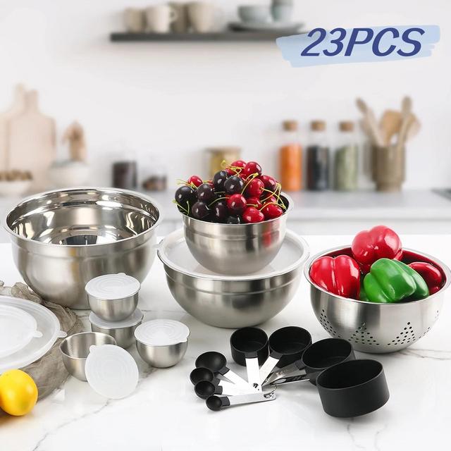 DOMETOUR 23Pcs Stainless Steel Mixing Bowls with Lids Set, Measuring Cups and Spoons, Home Refrigerator and Kitchen Food Storage Organizers