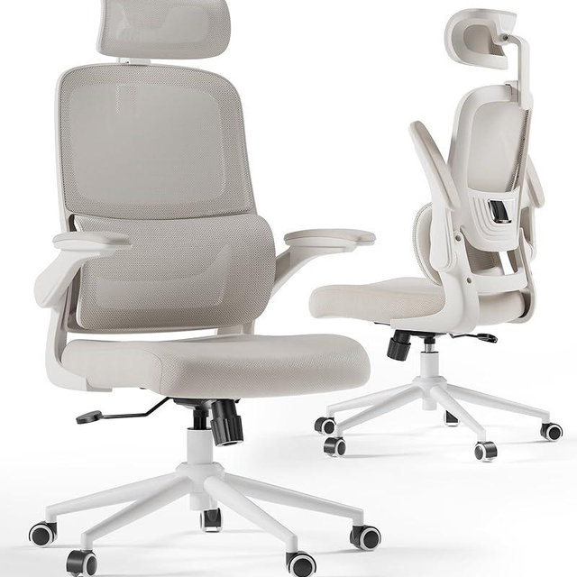 Hbada P1 Ergonomic Office Chair with 2D Lumbar Support & Adjustable Headrest - Heavy Duty 300lbs Capacity, 102° Reclining, Foldable Arms, Thick Cushion - Perfect for Home Office Chair, White