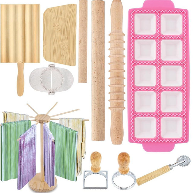 NEWTRY 11PCS Pasta Maker Tool Set with 1 Pasta Drying Rack 1 Gnocchi Board 1 Dough Scraper 1 Ravioli Maker Press 1 Dumpling Maker Tool 3 Pasta Stamps 3 Rolling Pins