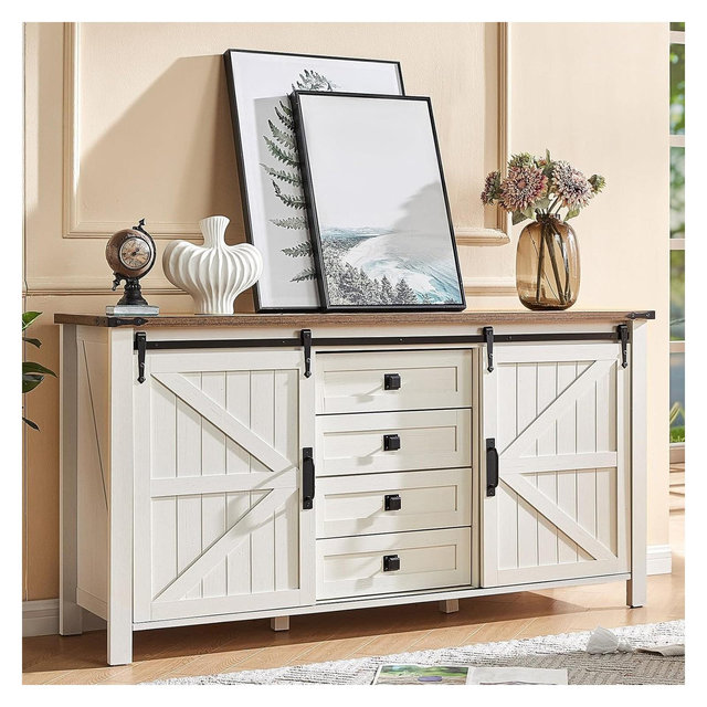 AMERLIFE 60" Sideboard Buffet Cabinet with Sliding Barn Doors, Farmhouse Dresser with 4 Drawers, Distressed White