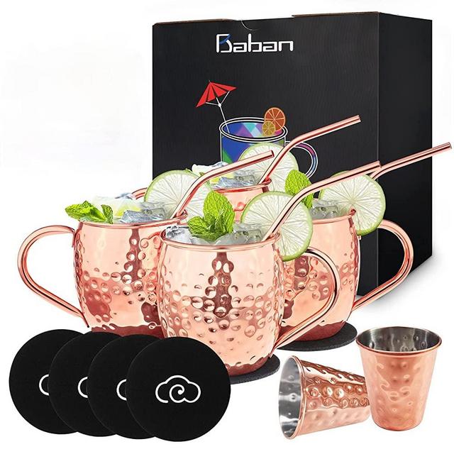 Baban Moscow Mule Copper Mugs Set of 4, Handcrafted Food Safe Copper Cups Set 16.9 oz for Moscow Mule Cocktail Drinking, Moscow Mule Kit Bar Tool Gift Set for Men and Women Fathers Day Gifts