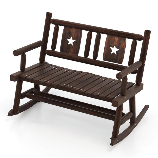Costway 1 PC Patio Rocking Bench Carbonized Wood Double Rocker Chair with Ergonomic Seat Rustic