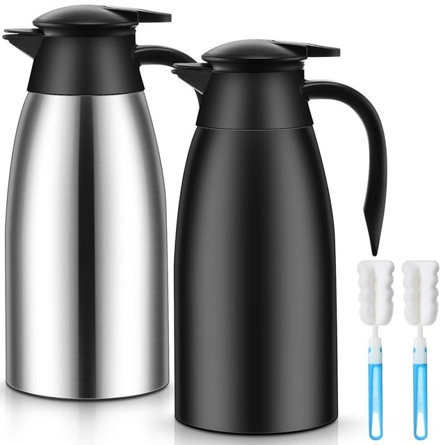 Norme 2 Pcs Thermal Coffee Carafe Insulated Stainless Steel Coffee Carafe for Hot Liquid Vacuum Thermal Pot Creamer Pitcher Dispenser with Brushes Keeping Hot Water Milk(Black, Silver,68 oz)