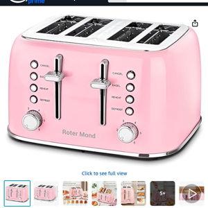 Toaster 4 Slice Retro Stainless Steel with Extra Wide Slots Bagel, Defrost, Reheat Function, Dual Independent Control Panel, Removable Crumb Tray, 6 Browning Levels, Pink