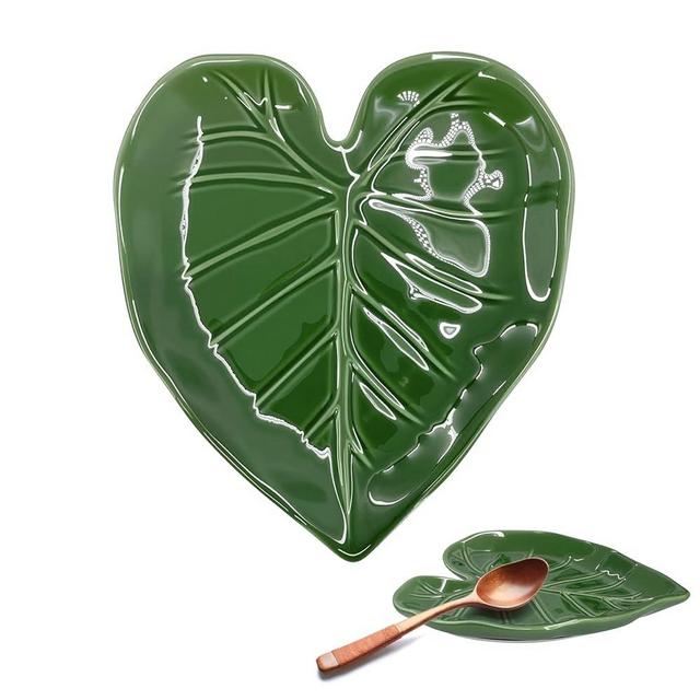 Leaf Shaped Spoon Rest, 5.5 Inch Ceramic Spoon Holder for Stovetop, Multi-Use Utensil & Tea Bag Tray, Green Farmhouse Kitchen Decor