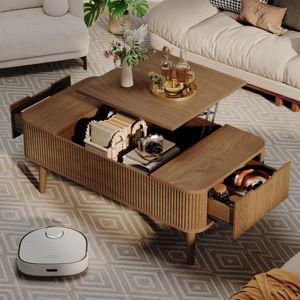 47.2” Modern Coffee Table Wooden Fluted Lift Top Coffee Table with Hidden Compartment, Mid Century Modern Rectangle Center Tables with Lifting Tabletop & 2 Storage Drawers for Home Living Room
