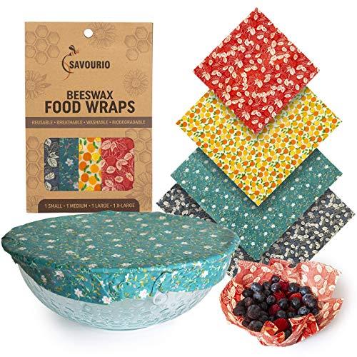 Savourio Reusable Beeswax Food Wrap - Eco-Friendly, Organic, Biodegradable Sustainable - Food Storage Wrappers, Alternative To Plastic Bags, Beeswax Cloth, Organic Beeswax Wraps Cling Sandwich