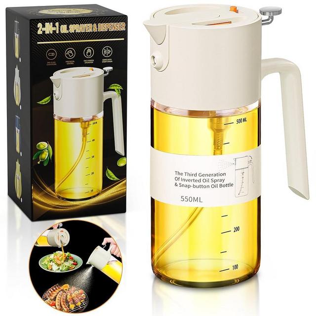 Oil Sprayer for Cooking, 2025 Large Advanced Olive Oil Dispenser Bottle,500ml/17oz Glass Olive Oil Sprayer,2 in 1 Even Spray with Portion Control for Kitchen, Air Fryer, Salad, BBQ - White