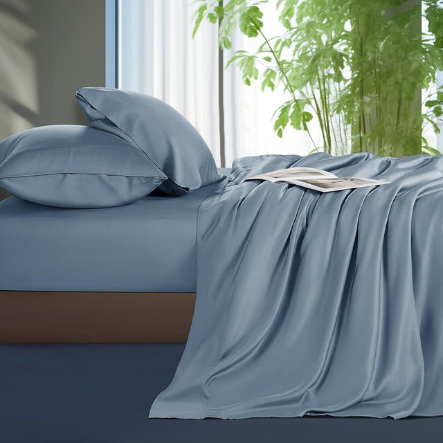 Shilucheng Tencel Sheets 4 Piece, 100% Eucalyptus Lyocell Sheets Set, Cooler Than Cotton and Linen, Summer Cooling Breathable Bed Sheets for Hot Sleepers, 16 Inch Deep Pockets (French Blue, King)