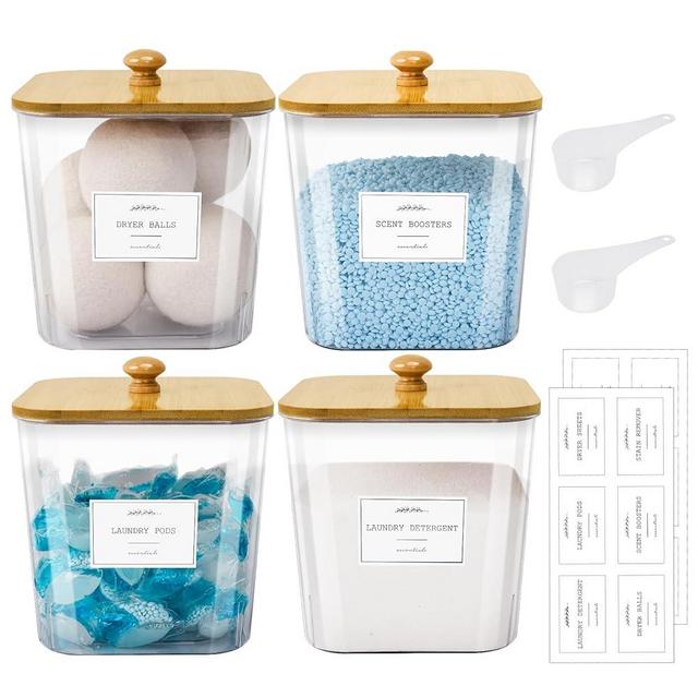 4 Pack Laundry Pods Containers & Plastic Powder Detergent Holder Set, Laundry Room Organization and Storage, Clear Organizer Jars with Lids, Scoops & Labels for Scent Beads, Dryer Balls, Lint