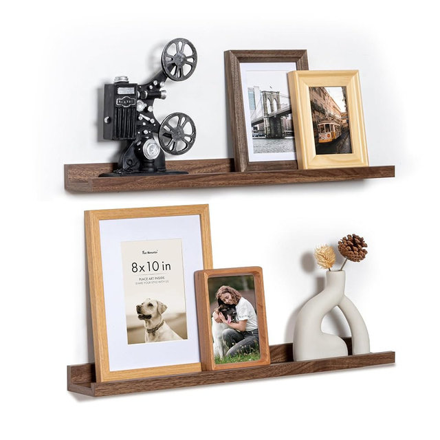 Fun Memories Picture Ledge Shelf, 24 Inch Floating Shelves Set of 2, Nursery Book Shelves for Toys Storage, Kids Bookshelf Wall Mounted for Wall Decor Books Photo Frames, Walnut