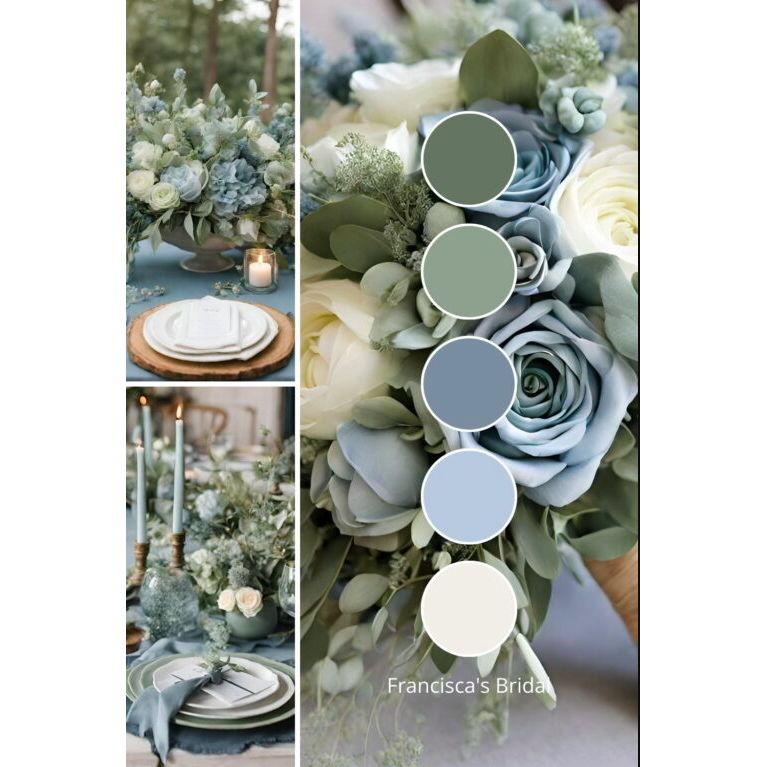 Sage green and Dusty blue color palette for attire inspo.