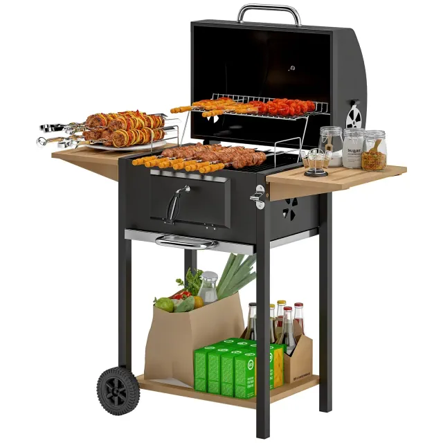 Outsunny Charcoal BBQ Grill with 245 sq. in. Cooking Area, Outdoor Barbecue Grill with Adjustable Charcoal Pan, 3 Shelves, Thermometer, Wheels, Black