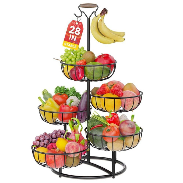 PouHenier.jh 5 Tier Fruit Basket Tower Stand with Banana Hanger for Kitchen Counter, Vegetable Tiered Shelf for Countertop, Tall Standing Produce Holder for Potato, Onion with Stable Base (Black)