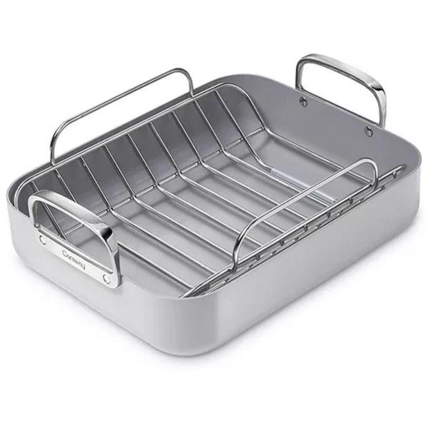 Caraway Cream Ceramic Non-Stick Roasting Pan with Rack & Gold Hardware + Reviews | Crate & Barrel