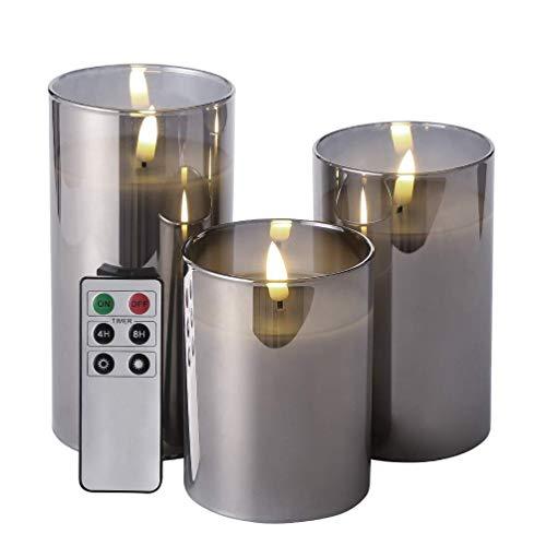 Eywamage Glass Flameless Candles with Remote Battery Operated Flickering LED Pillar Candles Real Wax Wick 3 Pack D 3" H 4" 5" 6" Grey