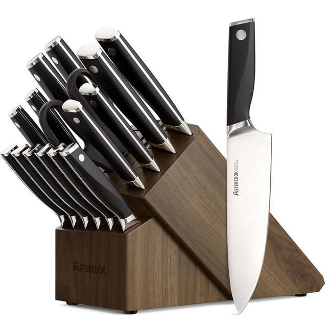 Astercook Knife Set, Kitchen Knives Set with Block and Sharpener Full Tang 17 Pcs German Stainless Steel Knives Sharp Blade Dishwasher Safe Premium Knife Set with Anti-slip Ergonomic Handle, Black