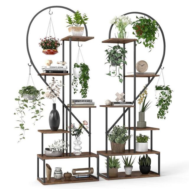 Giantex 6 Tier Tall Plant Stand Indoor, Metal Heart Shaped Plant Shelf for Plants Multiple with 6 Hanging Hooks & 12 Boards, Heavy-duty Metal Frame, Large Ladder Display Rack for Living Room Balcony Patio Art Studio, 2 Pack