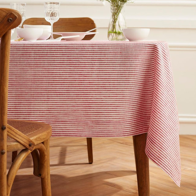 Solino Home 100% Pure Linen Tablecloth 60x156 Inch - Narrow Stripe Red and White Cloth Table Cover, Machine Washable Rectangle Tablecloth for Indoor, Outdoor - 4th of July