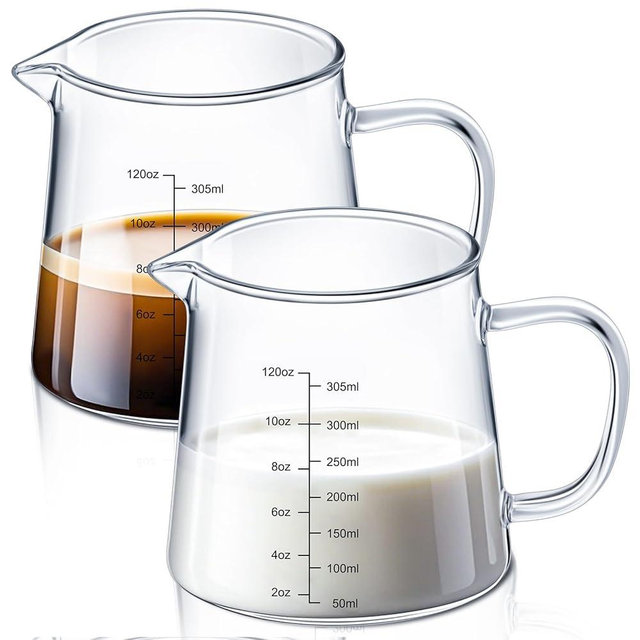 Honeydak 2 Pack 12oz Coffee Measuring Glass Cups Espresso Pitcher Heat Resistant Glass Coffee Measuring Cup Milk Frothing Pitcher Espresso Shot Glasses, Creamer Container, Microwave & Dishwasher Safe