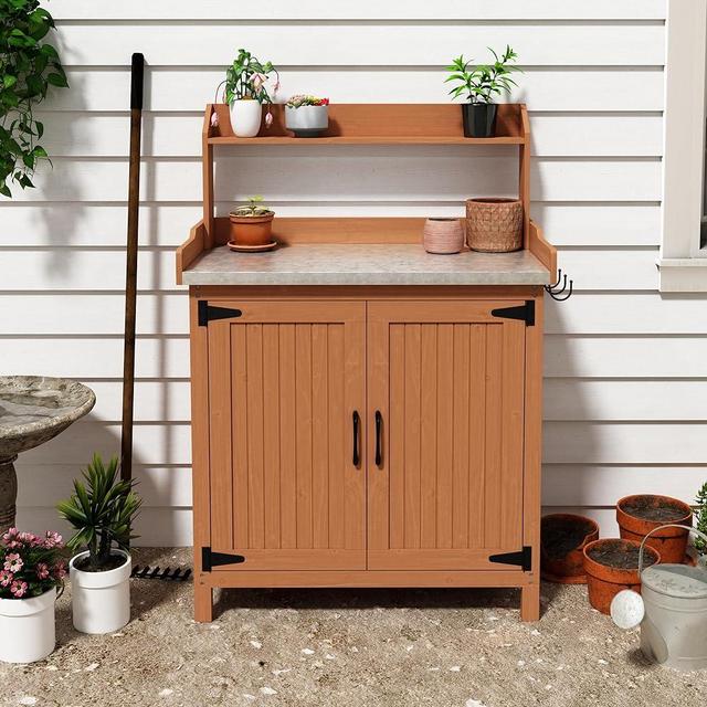 AZODY Outdoor Potting Bench with Storage, Wooden Garden Potting Table with Metal Tabletop and Removable Shelf, Potting Work Bench Station for Garden, Patio, Backyard