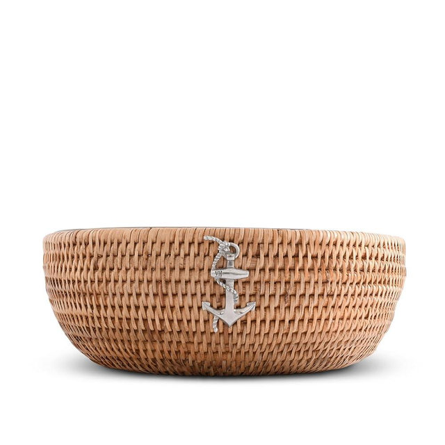 Vagabond House Handmade Eco-Friendly Rattan Serving Bowl with Pewter Anchor and Removable Glass Dish - Classic Stylish Fruit Basket for Kitchen, Ideal for Beach House Fruit Salads and Fruits