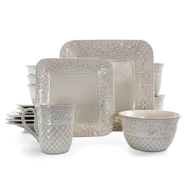 Elama Contemporary Square Embossed Stoneware Dinnerware Dish Set, 16 Piece, Ivory White