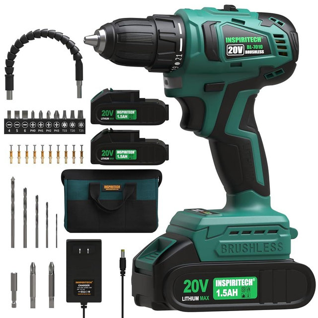 INSPIRITECH 20V Cordless Drill, Brushless Power Drill Set with 2 Batteries and Charger,3/8-Inch Chuck Electric Drill Driver,22 Torque Setting,Drill/Driver Bits and Tool Bag Included