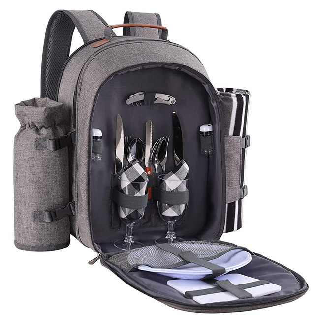 Apollo Walker Picnic Backpack Set for 2 Person with Cooler Compartment, Detachable Bottle/Wine Holder, Fleece Blanket, Plates and Cutlery Set (Grey)