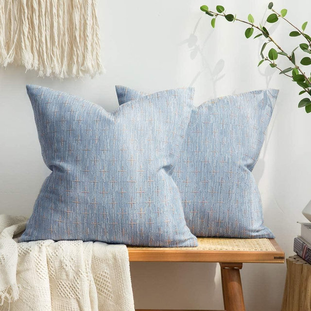 MIULEE Pack of 2 Decorative Burlap Linen Throw Pillow Covers Modern Farmhouse Pillowcases Rustic Woven Textured Cushion Cover for Sofa Couch Bed 24x24 Inch Light Blue