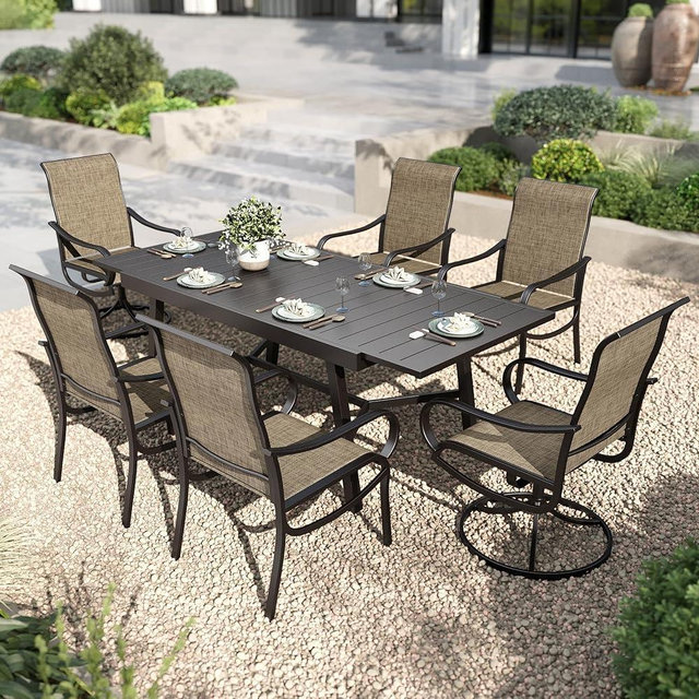 PHI VILLA Outdoor Dining Set for 6 Person, Expandable Table for 6-8 Person and 2 Swivel & 6 Fixed Patio Chairs All Weather Patio Furniture Set for Deck Garden Yard