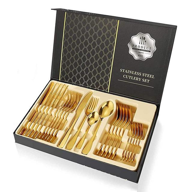 Gold Cutlery Set Silverware Gift Set, 24-Piece Stainless Steel Gold Flatware Set, Kitchen Utensils Knife Fork Spoon Flatware Set with Present Box, Tableware Mirror Finish, Smooth Edge, Service for 6