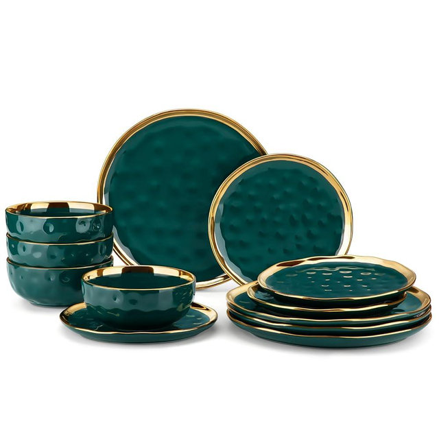 LOVECASA 12 Pieces Plates and Bowls Sets, Porcelain Green and Gold Dinnerware Sets, Round Dinner Plates Dishes Set Service for 4, Dishwasher Safe and Scratch Resistant, Green