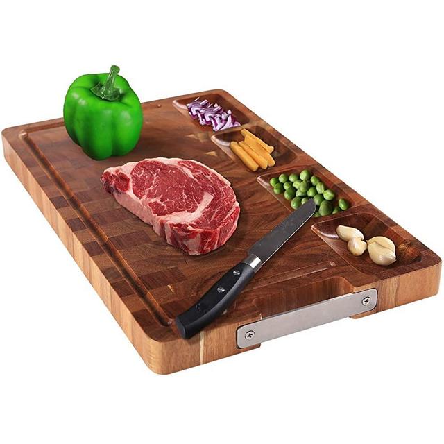 HHXRISE Large Thick Acacia Wood Cutting Board For Kitchen16x10x1.2'', With 4 Built-In Compartments And Juice Grooves, Chopping Board With Handle, Butcher Block, Carving Board, BPA Free …