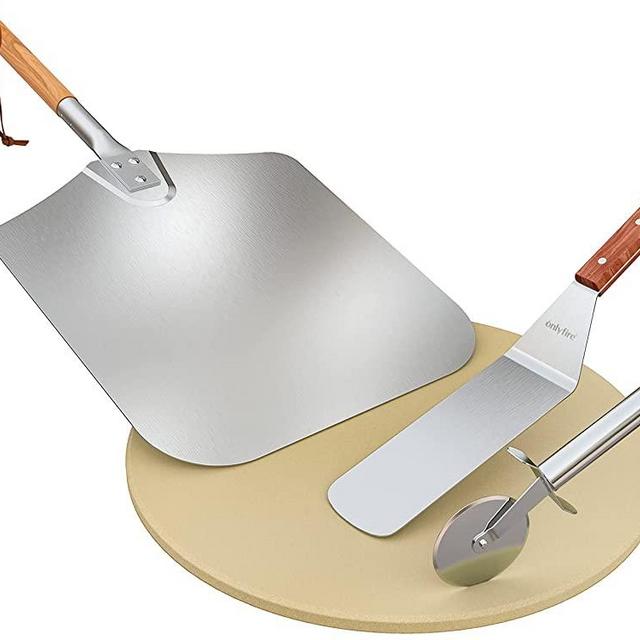 Onlyfire Pizza Grilling Tool Kit - Including 15 inch Round Pizza Stone, Stainless Steel Pizza Peel with Wooden Handle, Pizza Cutter & Pizza Shovel - Set of 4 Pizza Baking Accessories for Oven Grill
