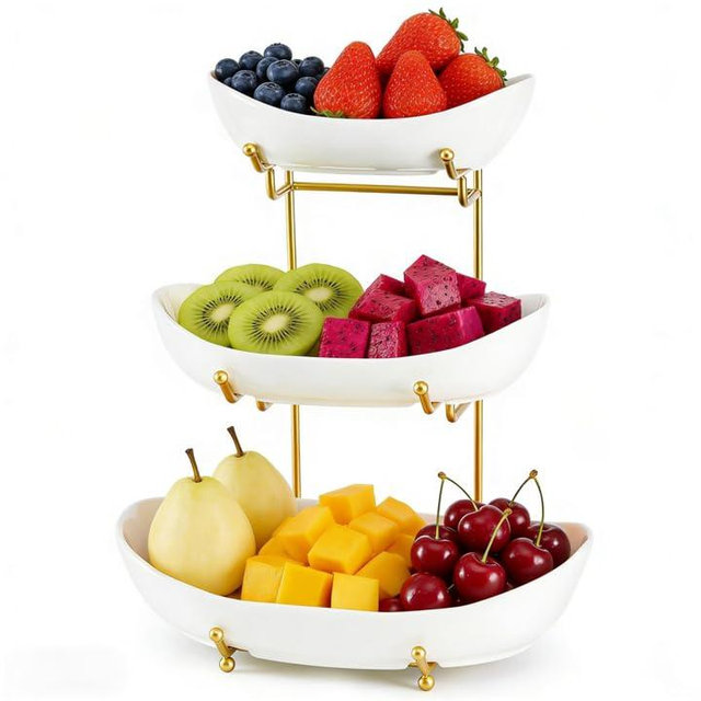 HOMKULA Ceramic Fruit Bowl for Kitchen Counter - 3 Tier Fruit Basket with Metal Stand, Tiered Fruit Stand for Countertop, Snack, Nuts, Cake, Dessert, Cute (Gold, Large)