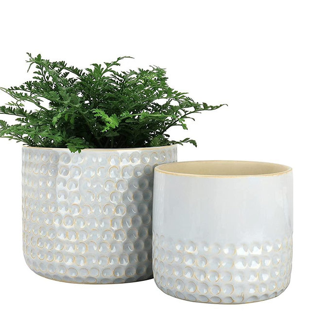 LA JOLIE MUSE Ceramic Planter - 6.7+5.5 Inch Concave Dot Patterned Cylinder Flower Pot with Drain Hole for Indoor, Set of 2, Glacier Gray
