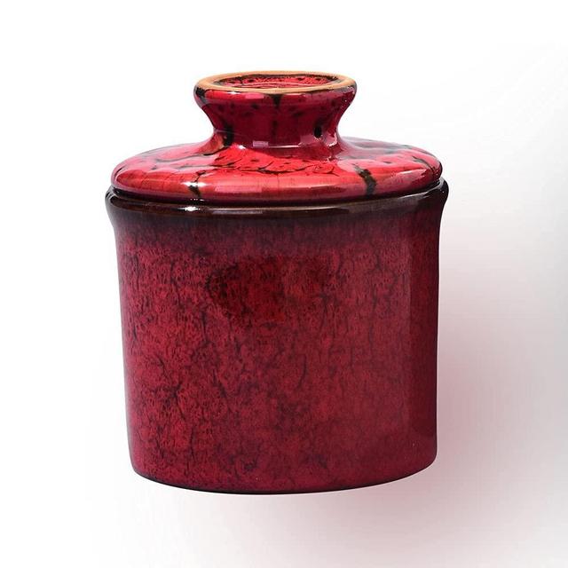 Teapeak Pottery Butter Keeper Crock - Ceramic Butter Dish with Water Line for Countertop, Keep Butter Fresh, Red