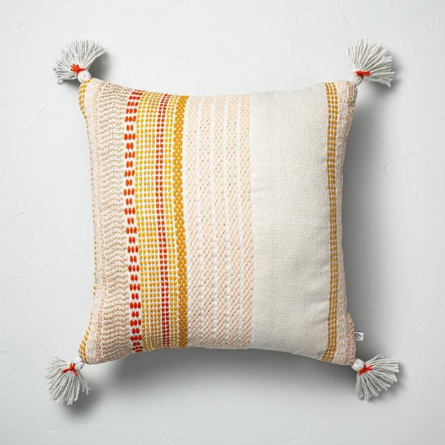 18" x 18" Woven Décor Multistripe Indoor/Outdoor Throw Pillow Yellow - Hearth & Hand™ with Magnolia