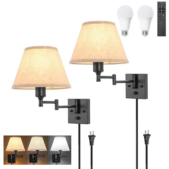 TRLIFE Wall Sconce with Remote Control, Dimming 10%-100% and Adjustable Color Temperature 2700K-6500K Swing Arm Wall Lights with Plug in Cord, 9.4" Medium Beige Fabric Shade(2 Pack, 2 Bulbs Included)