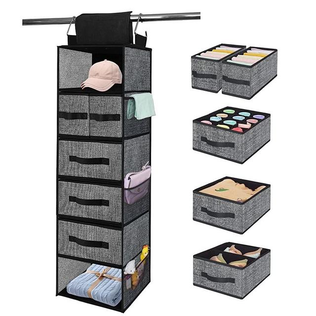 Hanging Closet Organizer Shelves Organization - 6 Shelf Closet Storage,5 Clothes Drawer Organizer and 6 Nylon Pockets for Socks, Underwear, Hat, Jeans, Towel, Sweater, Bedroom, Dorm College Room