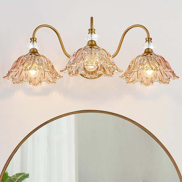 Vintage Bathroom Vanity Light,Matte Antique Brass Finish 3-Light Bathroom Vanity Light with Amber Crystal Glass Lampshades,Vintage Vanity Lighting for Bathroom and Dressing Table