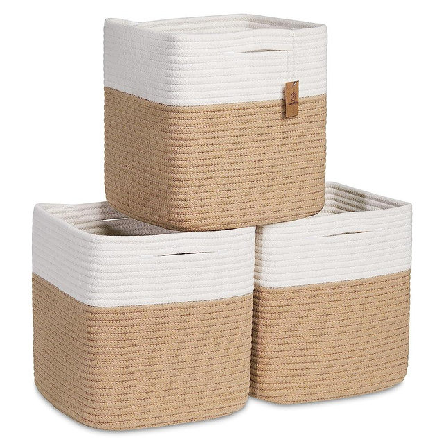NaturalCozy Storage Cubes 11 Inch Cotton Rope Woven Baskets for Organizing, 3-Pack | Cube Storage Bin | Square Storage Baskets for Shelves Organizer, Classroom, Kids Toy Bins, Closet, Baby Nursery