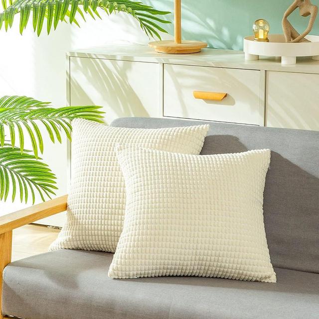 CaliTime Throw Pillow Covers Pack of 2 Comfy Corduroy Corn Striped Waffle Decorative Cushion Cases for Couch Sofa Bed Farmhouse 18 X 18 Inches Cream