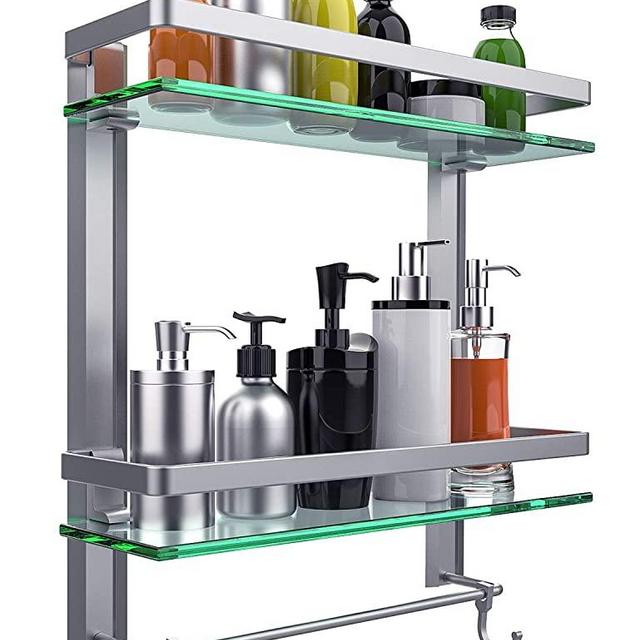 Vdomus Tempered Glass Bathroom Shelf, 2 Tier Shelf with Towel Bar Wall Mounted Shower Storage15.2 by 5 inches, Brushed Silver Finish (2 Tier Glass Shelf)