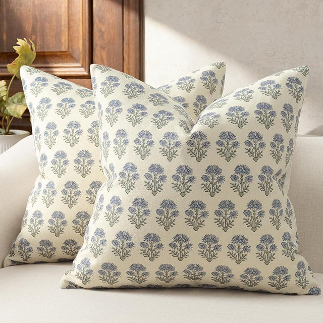 DKwizme Farmhouse Floral Pillow Covers 22x22 Set of 2, Country Botanical Throw Pillow Cover for Sofa Couch Bed Living Room, Rustic Vintage Flower Cushion Covers Cottage Home Decor,Dusty Blue