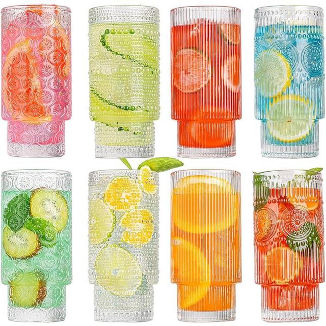wookgreat Drinking Glasses, 16oz Origami Style Glass Cups with straw, 12 pcs Highball Glasses, Stackable Vintage Glassware, Ribbed Glasses, Iced Coffee Glasses Ideal for Cocktail Whiskey, Juice